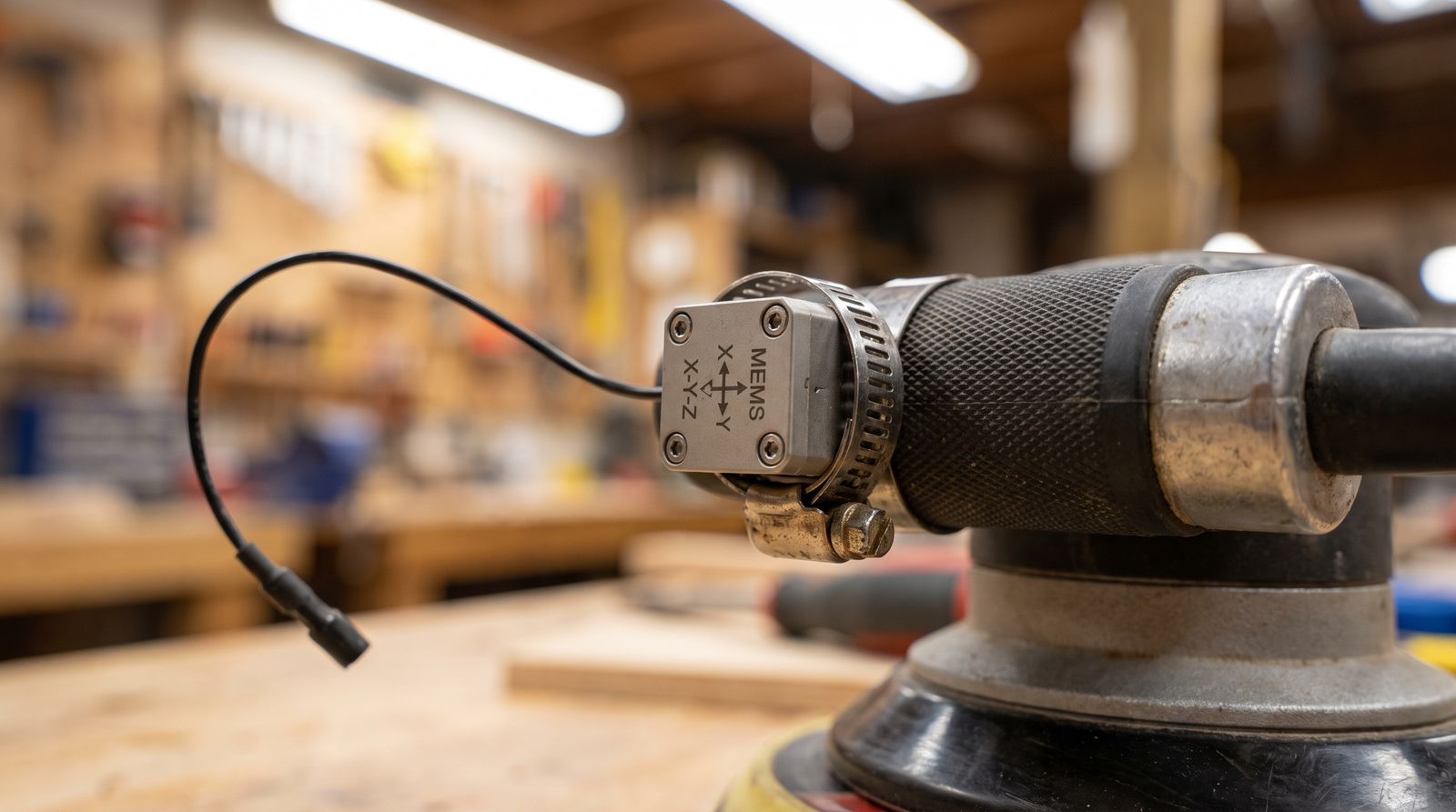 Tri-axial accelerometer clamped to a power tool handle during measurement